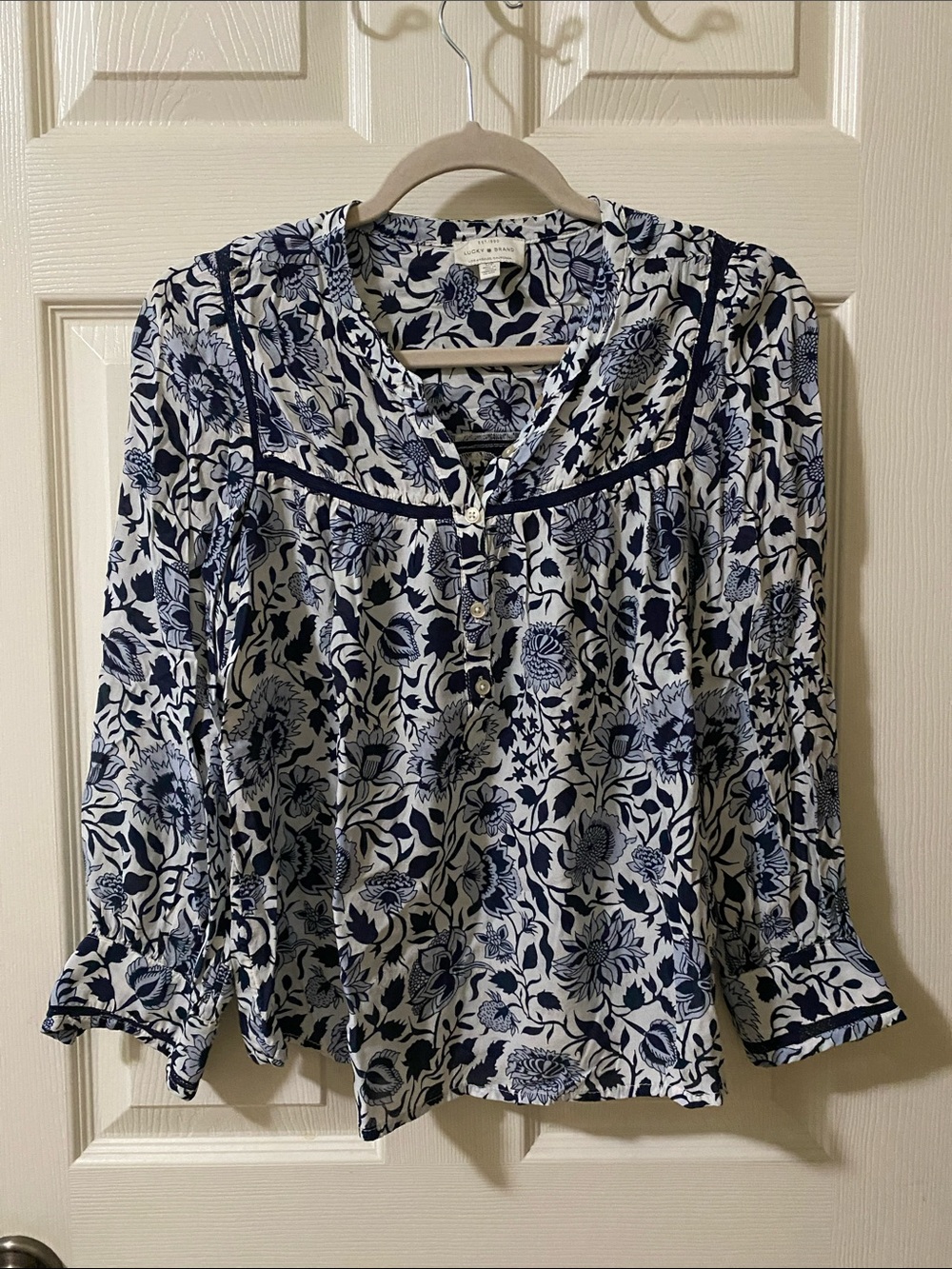 Lucky Brand White Blouse with Navy Floral Print
